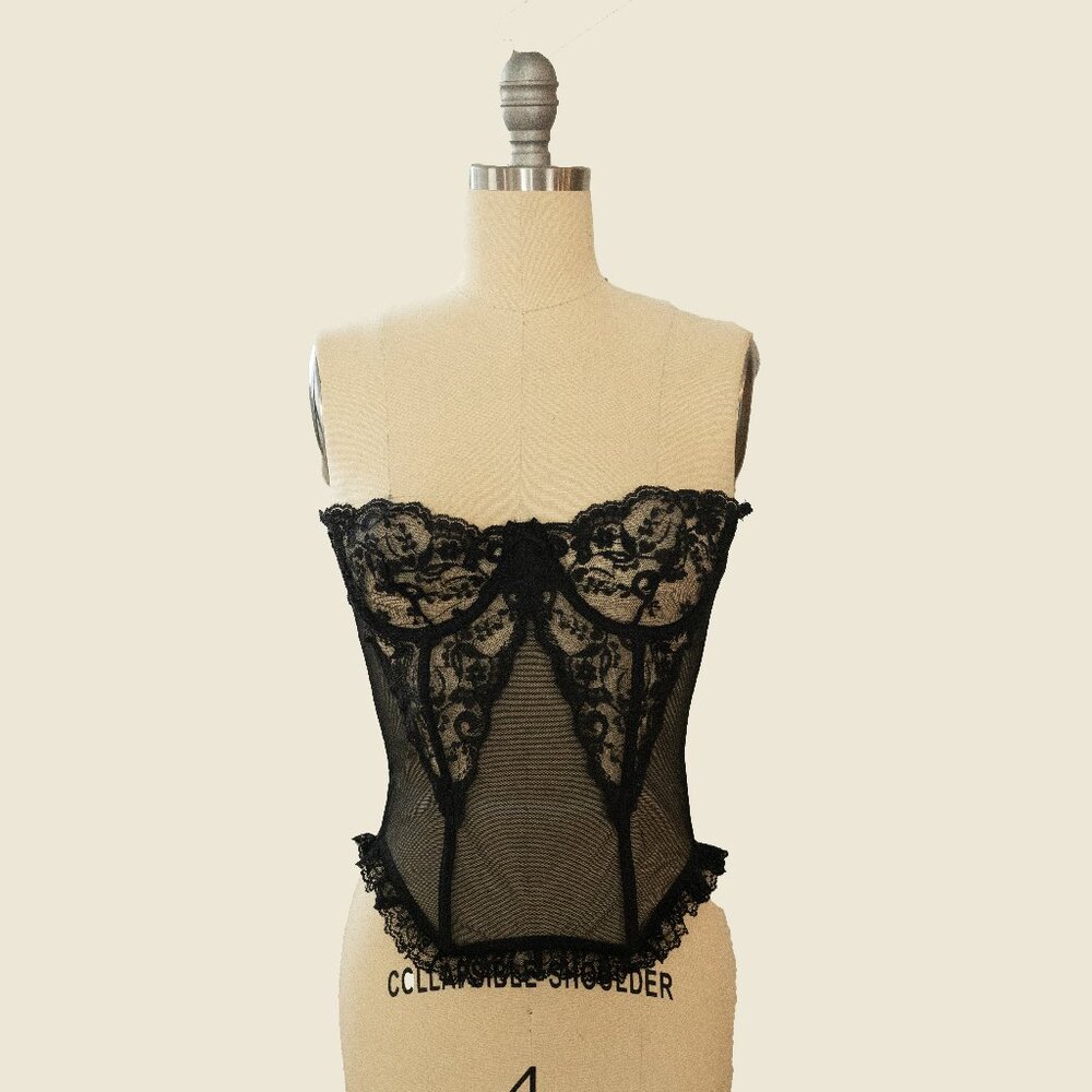 Vintage Victoria's Secret Gold Label Lace 34 B Black Sheer Corset